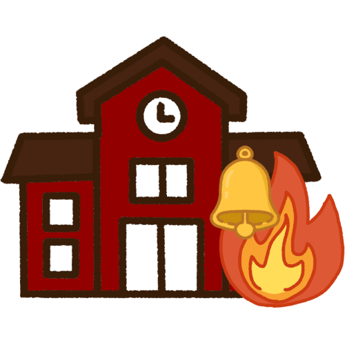 A red school building with a fire symbol and a gold bell 
